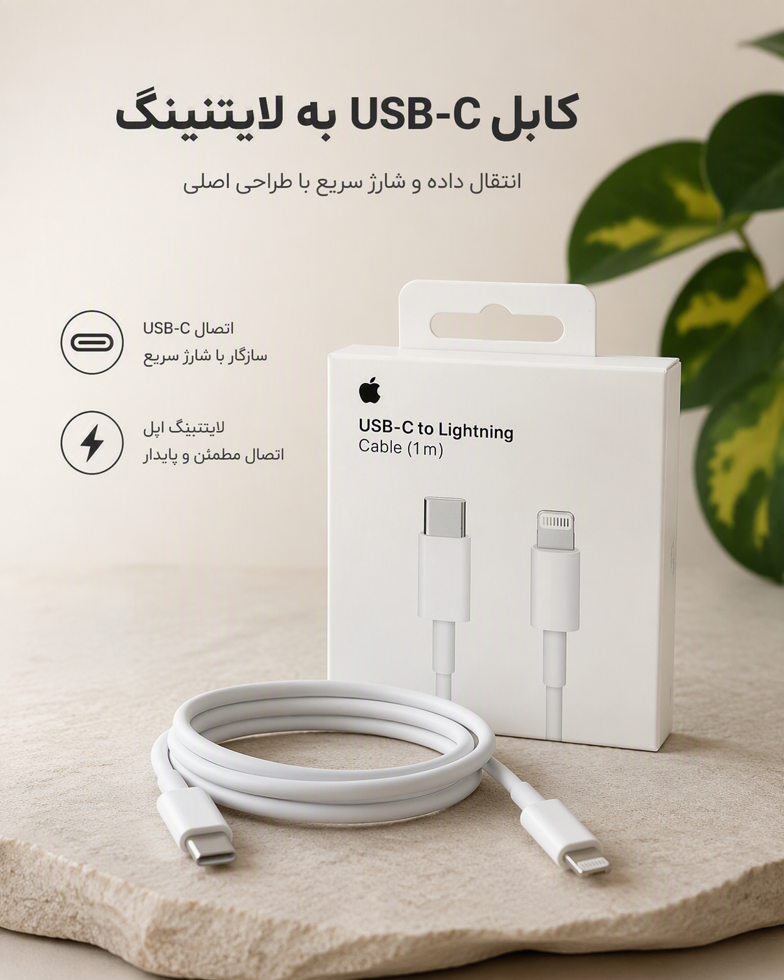 کابل Apple USB-C به Lightning اورجینال همراه با محافظ کابل لیزری هدیه پرژام فون